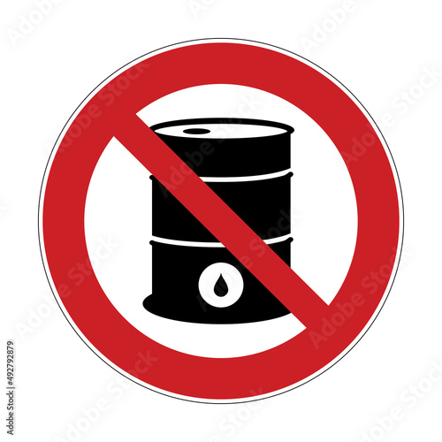 Oil free sign. Vector illustration of red crossed out circle sign with oil barrel icon inside. Ban on the use and storage of oil. Prohibition symbol with drum for sticker, poster, design. Fossil fuel.