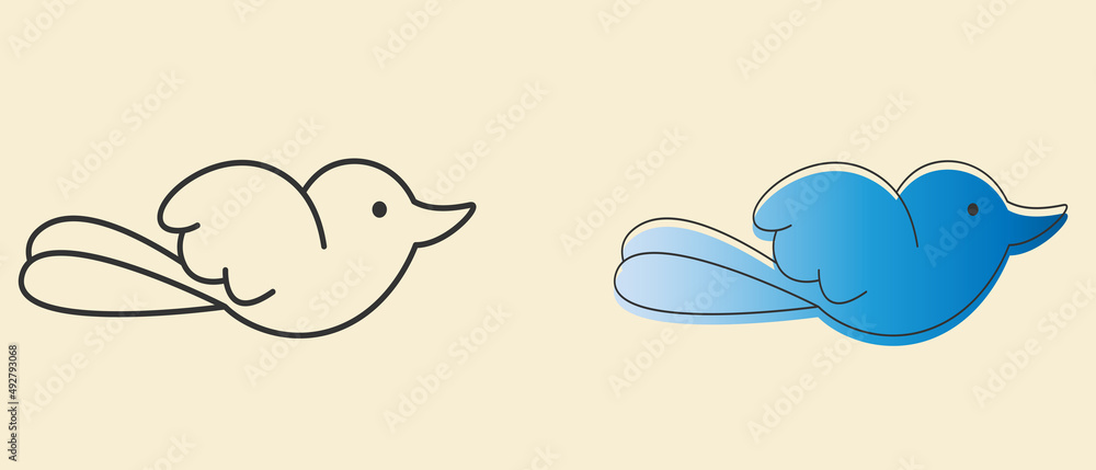 Bird icon set. Dove symbol, logo cartoon style. Outline black thick line, thin one line, blue gradient fill logo illustrations