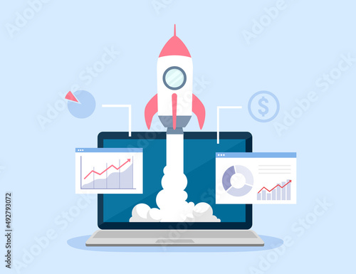 Business project startup. Laptop with rocket graphic chart. Vector illustration of business boost concept.