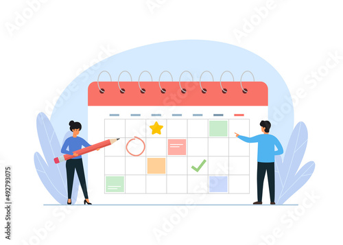 Planning schedule, organization of task on huge calendar. Planning strategy and time management. Vector Illustration.