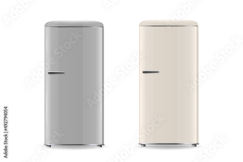 Vector 3d Realistic Retro Vintage Gray and Beige Fridge Icon Set Isolated. Vertical Refrigerators. Closed Fridges. Design Template, Mockup of Fridge. Front View