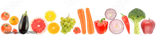 Variety of healthy fruits and vegetables isolated on white