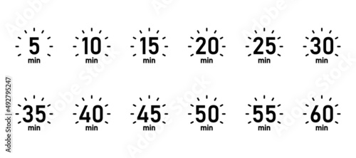 10, 15, 20, 25, 30, 35, 40, 45, 50 min,Timer, clock, stopwatch isolated set icons. Great design for any purposes. Vector logo	