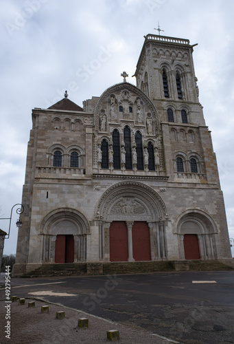 Vezelay, France - February 23 , 2022: Vezelay Abbey is a Benedictine and Cluniac monastery in the Bourgogne-Franche-Comte. Cloudy winter day. Selective focus.