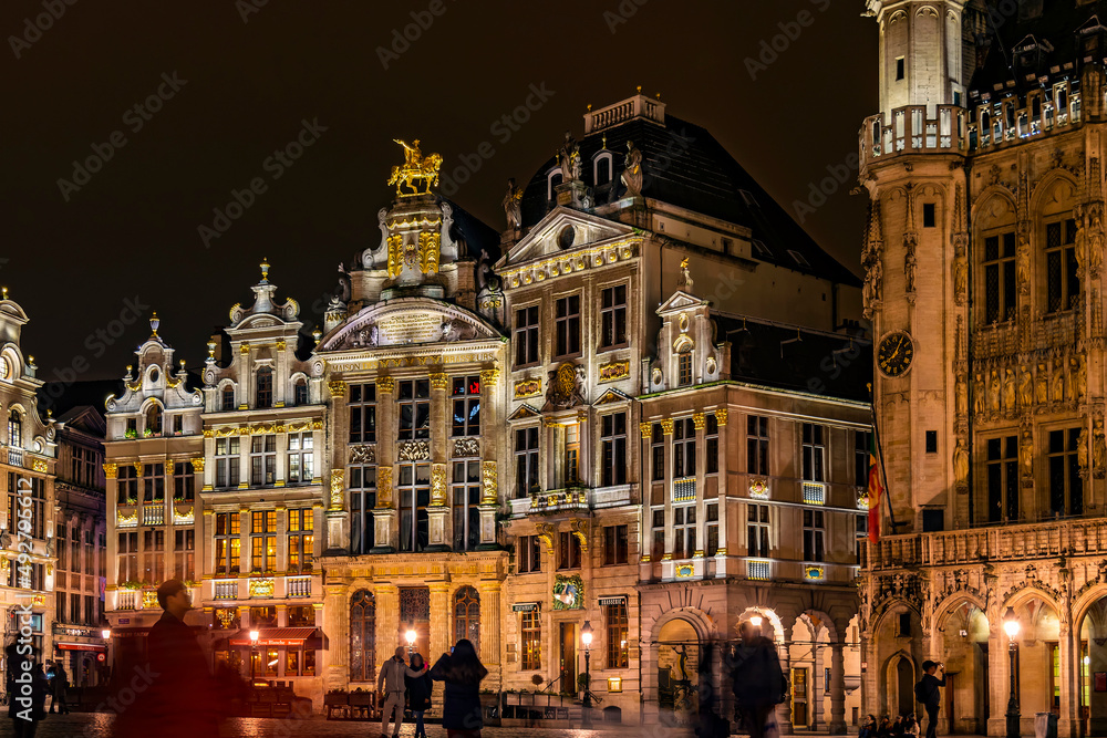 A view of the Grand Place at night, Brussels, Belgium. the central square of Brussels capital city, surrounded by opulent guildhalls