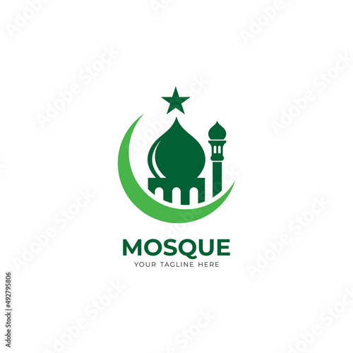 simple green mosque logo design, modern islamic logo with mosque, moon and star shape illustration vector