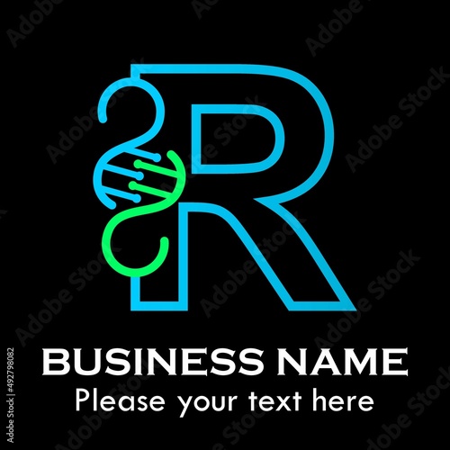 Letter r DNA logo template. Design with chromosome symbol. Suitable for research, science, medical, logotype, technology, lab, molecule, protein, nucleus etc