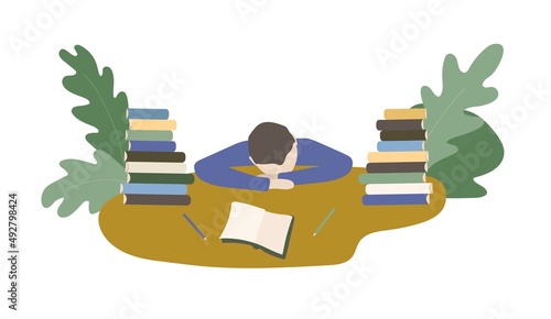 An adult or teenager sits at a table surrounded by stacks of books. His head is resting on his folded arms because he is tired and asleep. Flat vector illustration.