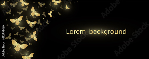 Fotografie, Obraz Banner with decorative shining golden butterflies on a black background