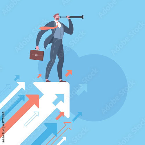 Searching for opportunities, business opportunity or vision concept. Businessman is looking through monocular telescope and standing on flying arrows in blue background.