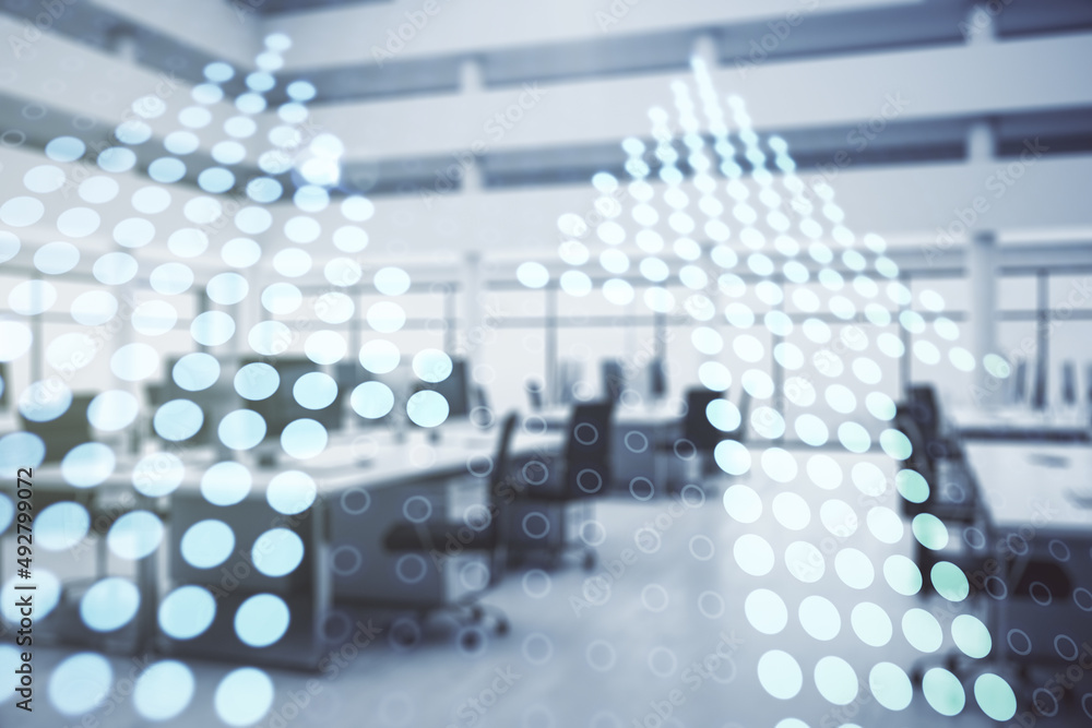 Abstract virtual upward arrows sketch on a modern furnished office interior background, target and goal concept. Multiexposure