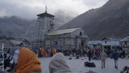 Overcrowded Devotees At Kedarnath Temple In Garhwal Himalayan Range Of Uttarakhand, India. Wide Shot photo