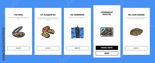 Clam Marine Sea Farm Nutrition Onboarding Mobile App Page Screen Vector. Ocean Quahog And Surf Clam, Pearl Oyster Shell And Mussel, Donax Pacific Geoduck . Seafood Delicious Nutrient Illustrations