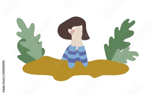 The girl or woman feels a strong sense of shame, so she hid her pink face in her hands. Flat vector illustration