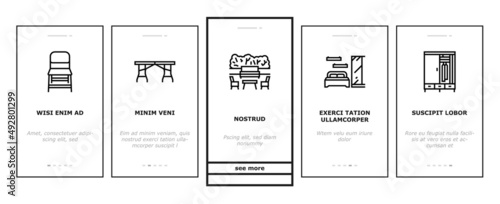 Furniture For Home And Backyard Onboarding Mobile App Page Screen Vector. Dinning And Folding Table, Kitchen And Bedroom Furniture, Wardrobe Cabinet, Repair Old Broken Chair Bench Line. Illustrations