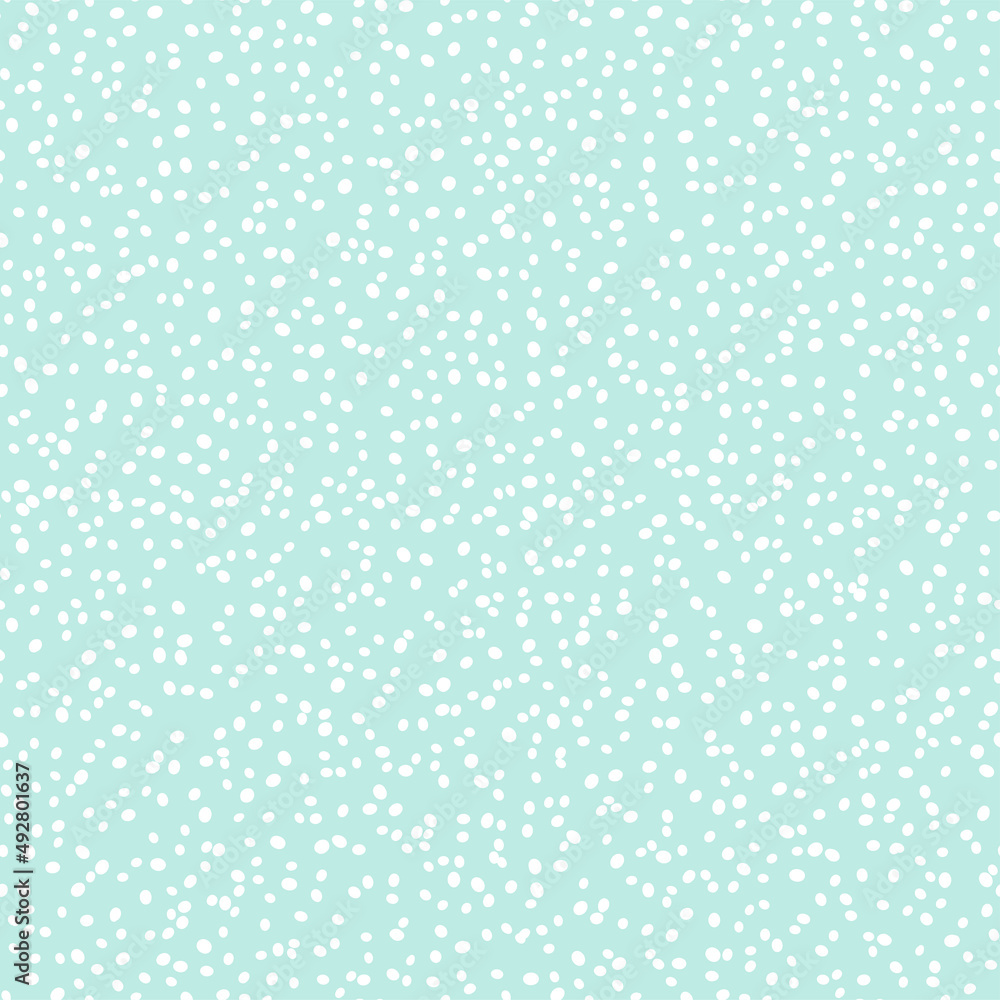 Vector Winter Snowfall Seamless Pattern. Christmas kid hand drawn falling snow print on pastel turquoise background. Abstract brush spray texture for print, wrapping paper, design, fabric, backgrounds