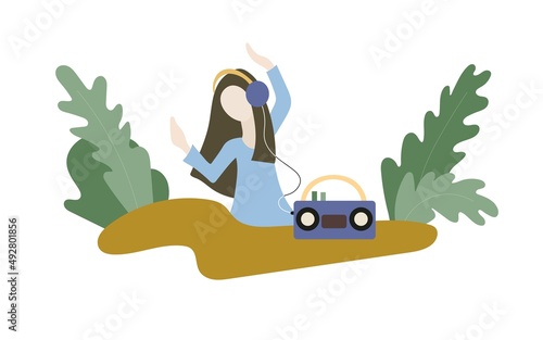 A young woman or teenager is enjoying music. She listens to music through headphones and dances. The tape recorder is on the table in front of her. Flat vector illustration