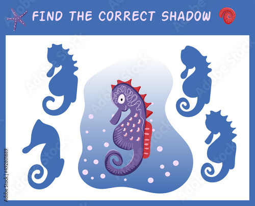 Educational matching game for children. Find the correct shadow. Cartoon starfish, shell, seaweed
