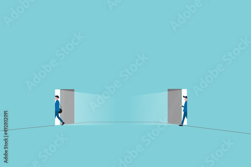  Staff turnover or job rotation in people management, human resources to manage to recruit new people for replacement concept, businessman new hire entering office while other resigned for new job.