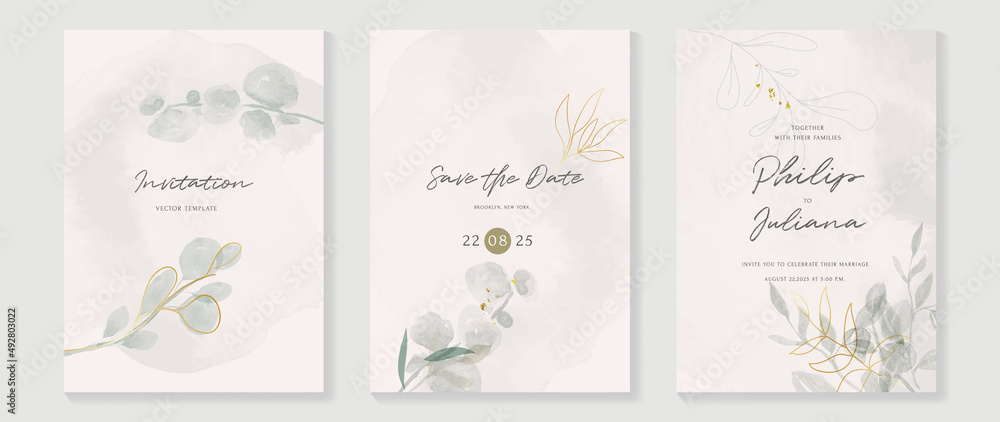 Floral and botanical line art invitation card template. Set of hand drawn wedding ceremony with flower, blooms, branch. Blue blossom watercolor design suitable for flyer, greeting, banner, cover. Floral and botanical line art invitation card template. Set of hand drawn wedding ceremony with flower, blooms, branch. Blue blossom watercolor design suitable for flyer, greeting, banner, cover.