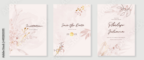 Floral and botanical line art invitation card template. Set of hand drawn wedding ceremony with flower, blooms, branch. Blue blossom watercolor design suitable for flyer, greeting, banner, cover.