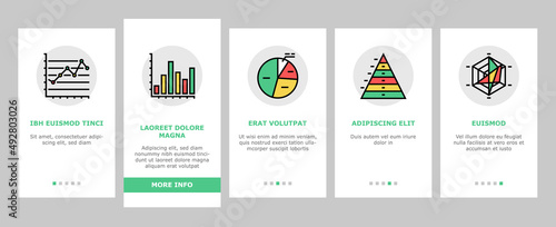 Graph For Analyzing And Research Onboarding Mobile App Page Screen Vector. Hierarchy And Binary Decision Diagram, Bar Graph, Radar And Stacked Area Chart Line. Pareto Venn Infographic Illustrations
