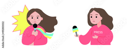 ukraine news concept, woman reporter on the background of the explosion. Vector illustration in a flat style.