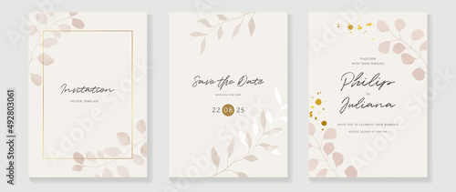 Floral and botanical line art invitation card template. Set of hand drawn wedding ceremony with flower, blooms, branch. Blue blossom watercolor design suitable for flyer, greeting, banner, cover.
