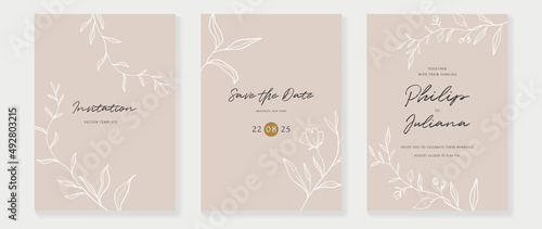 Floral and botanical line art invitation card template. Set of hand drawn wedding ceremony with flower, blooms, branch. Blue blossom watercolor design suitable for flyer, greeting, banner, cover.