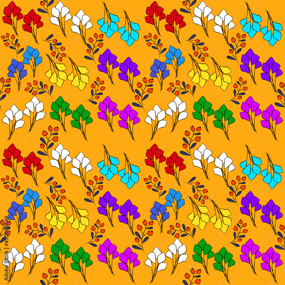 Vector seamless half-drop pattern, with leaves and bud