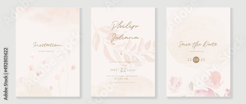 Floral and botanical line art invitation card template. Set of hand drawn wedding ceremony with flower, blooms, branch. Blue blossom watercolor design suitable for flyer, greeting, banner, cover. #492803622
