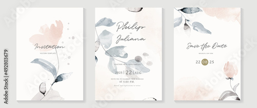 Floral and botanical line art invitation card template. Set of hand drawn wedding ceremony with flower, blooms, branch. Blue blossom watercolor design suitable for flyer, greeting, banner, cover.