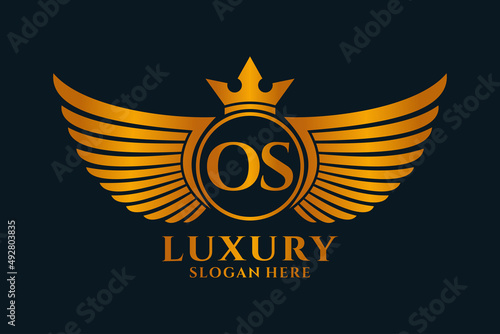 Luxury royal wing Letter OS crest Gold color Logo vector, Victory logo, crest logo, wing logo, vector logo template.