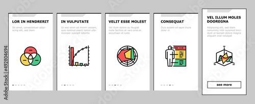Graph For Analyzing And Research Onboarding Mobile App Page Screen Vector. Hierarchy And Binary Decision Diagram, Bar Graph, Radar And Stacked Area Chart Line. Pareto Venn Infographic Illustrations