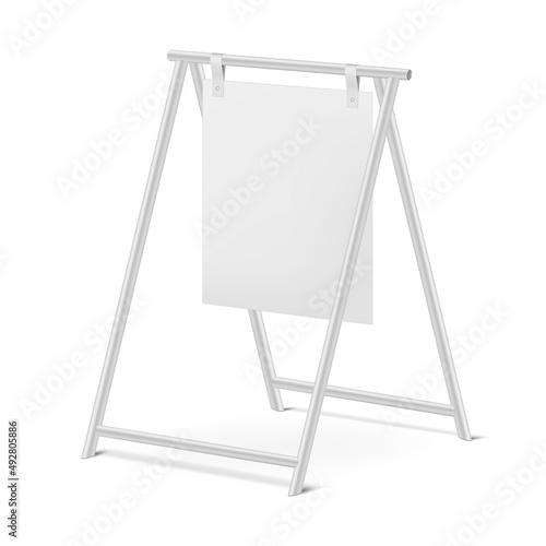 Hanging advertising board realistic vector mock-up. Blank A-frame sign mockup. Sidewalk signboard template for design