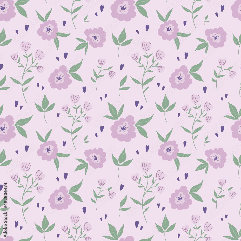 Floral seamless pattern with purple daisy flower and leaves on pastel violet background vector illustration.