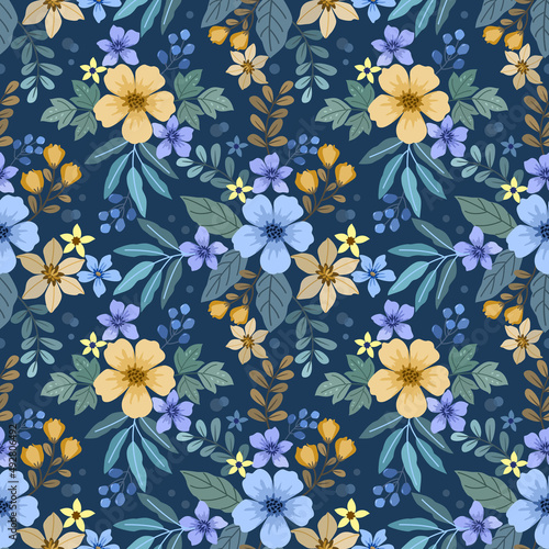 Colorful hand draw flowers on purple color seamless pattern for fabric textile wallpaper.