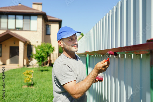Worker painting fence. Summer outdoor activity. Development. Repair. Roller