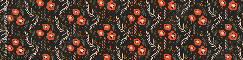 Canvastavla Dark boho flowers seamless border pattern in trendy ditsy wildflower style