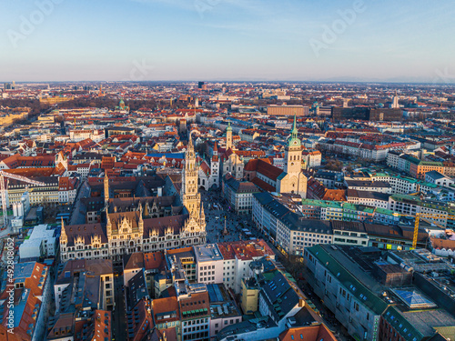 Aerial view of the ancient medieval gothic architecture at the Marienplatz Square in Munich, Bavaria, Germany