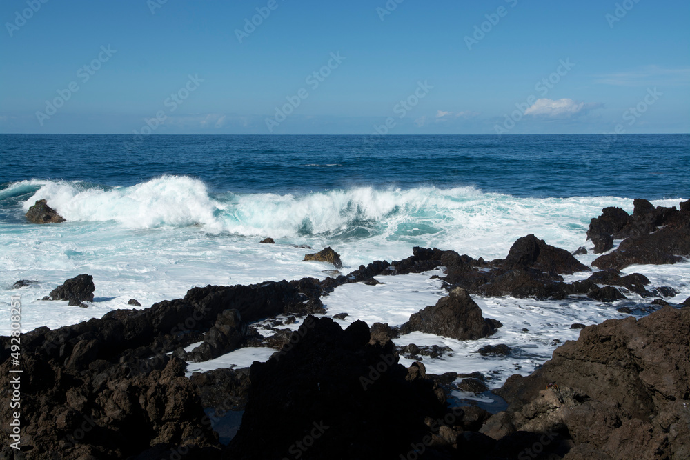 View on black lava rocks in small village Punta Brava near Puerto de la Cruz, Tenerife, Canary islands View on black lava rocks in small village Punta Brava near Puerto de la Cruz, Tenerife, Canary islands