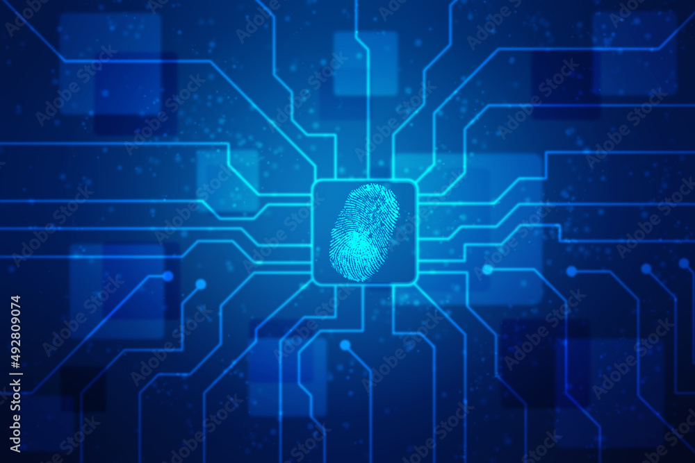 Fototapeta premium Abstract security system concept with fingerprint on technology background, Fingerprint Scanning Identification System. Biometric Authorization and Business Security Concept