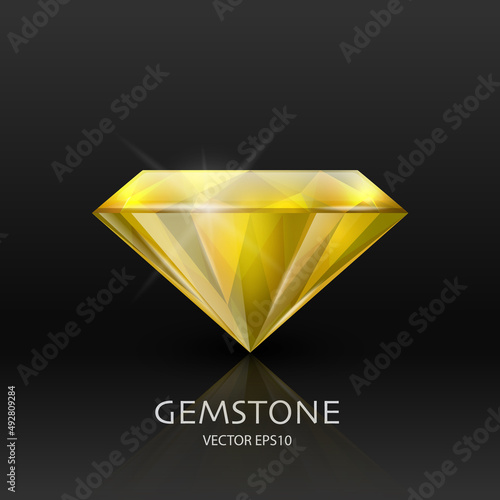 Vector Banner with 3d Realistic YellowTransparent Gemstone, Diamond, Crystal, Rhinestones Closeup on Black. Jewerly Concept. Design Template, Clipart. Side View