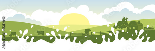 Abstract rural landscape with cows, farm house and milky river. Vector illustration, fields and meadows 