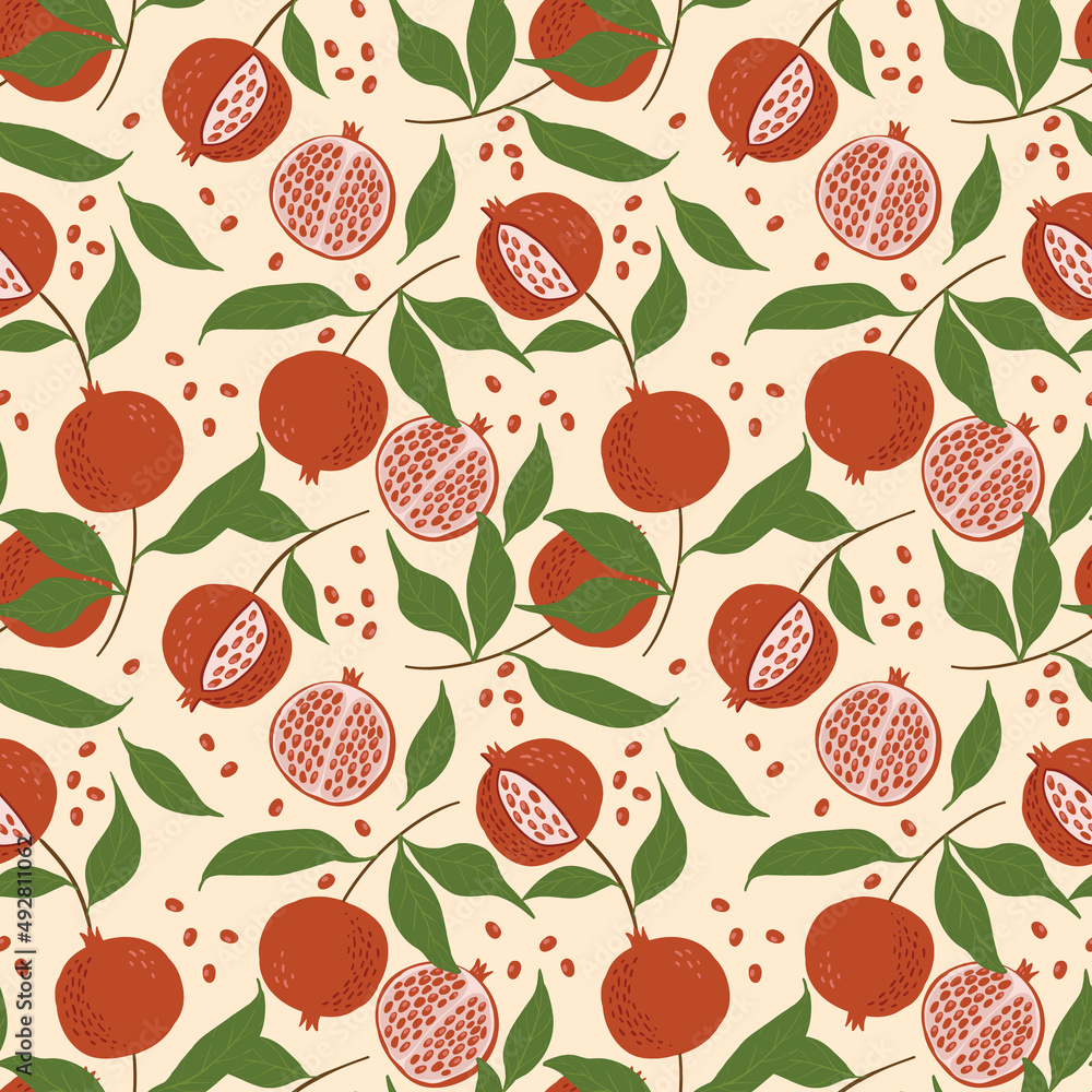 Fototapeta premium hand drawn juicy pomegranates with leaves and twigs. endless pattern with red fruits. pomegranate vector illustration. rich pattern with floral motif.