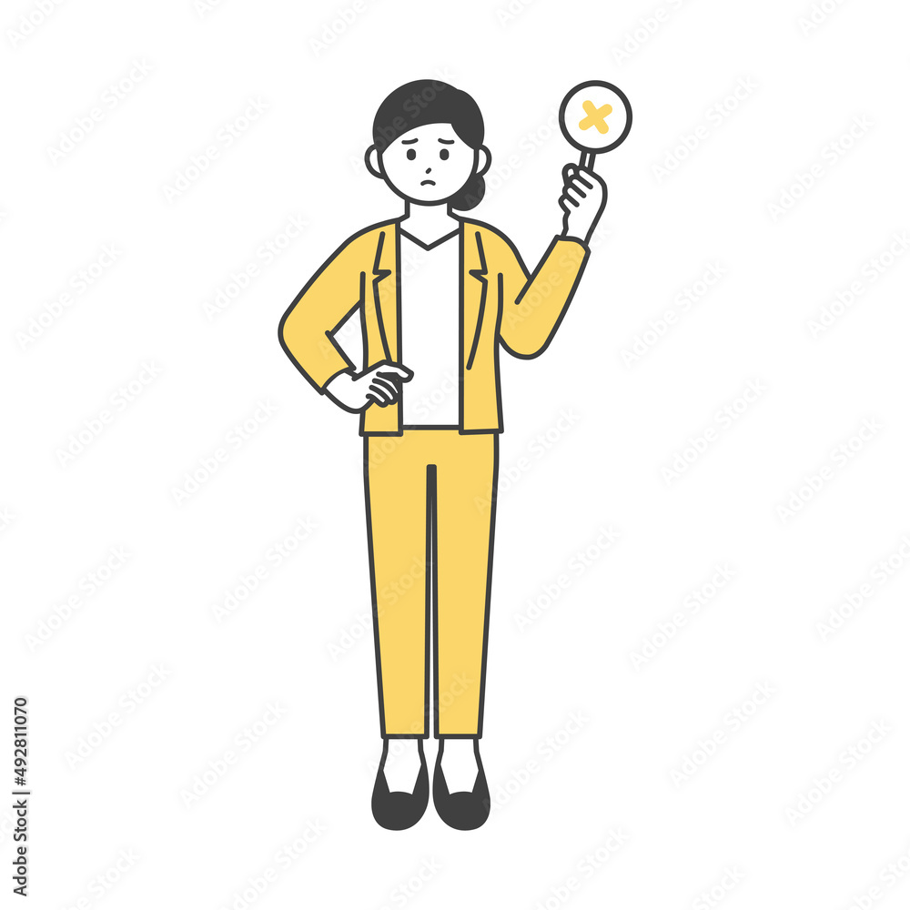 女性社員がばつの札を持つイラスト素材 女性社員がばつの札を持つイラスト素材