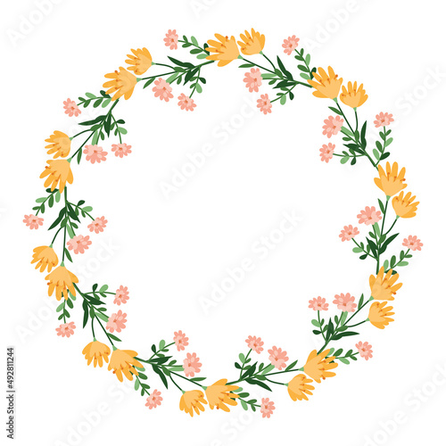 wreath of wildflowers. decor element with flowers and leaves. frame for text. illustration with flowers for postcards and posters.