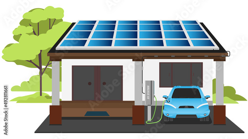 Electric sport car parking charging at home wall box charger station. Energy storage with photovoltaic solar panels on building roof. With nature green trees on isolated white background.