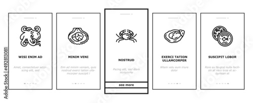 Seafood Cooked Food Dish Menu Onboarding Mobile App Page Screen Vector. Shrimp And Shellfish, Oyster And Fish, Crab Scallops Delicious Seafood Line. Caviar And Octopus, Lobster And Squid Illustrations