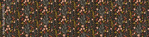 Dark boho flowers seamless border pattern in trendy ditsy wildflower style. Hand drawn organic botanical fashion edging trim. Modern summer garden bloom in vintage cottage core ribbon style